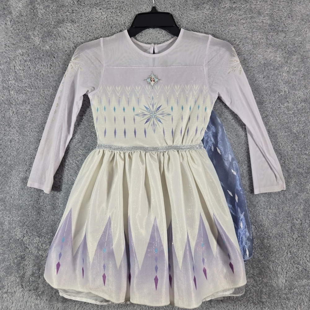 Disney Frozen 2 Elsa Costume Dress Girls Medium 7/8 White Purple Shimmer Cape